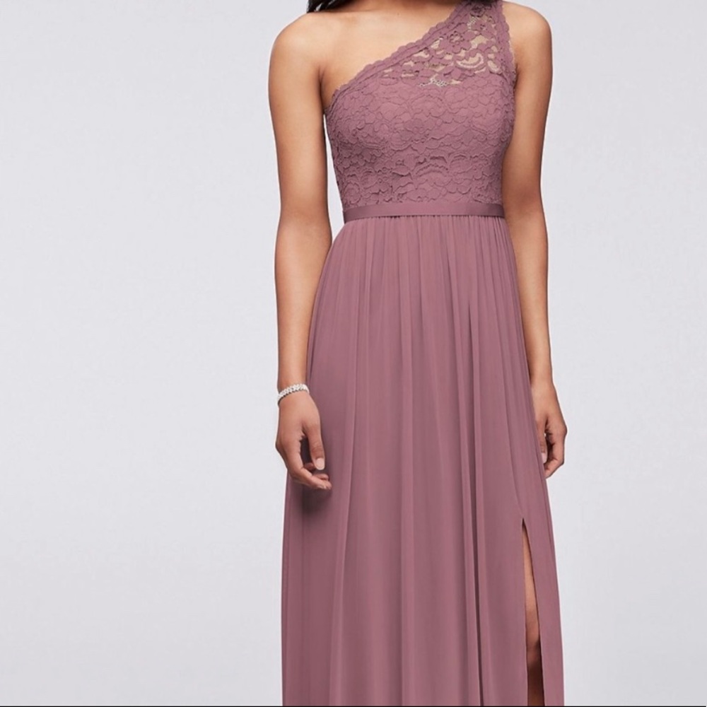 David’s bridal quartz lace one shoulder dress